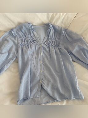 Blue and White striped poplin button blouse top